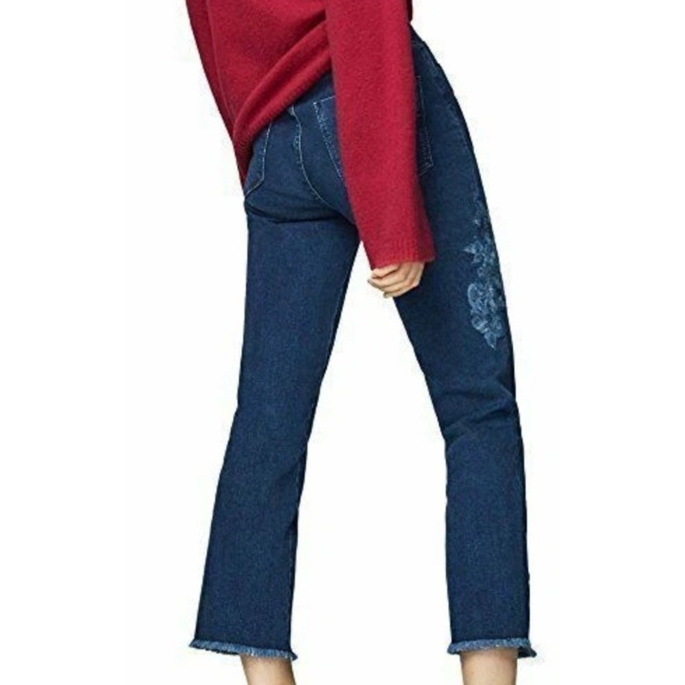Massimo Dutti Women's Size 4 Dark Blue Embroidered Raw Hem Cropped Jeans